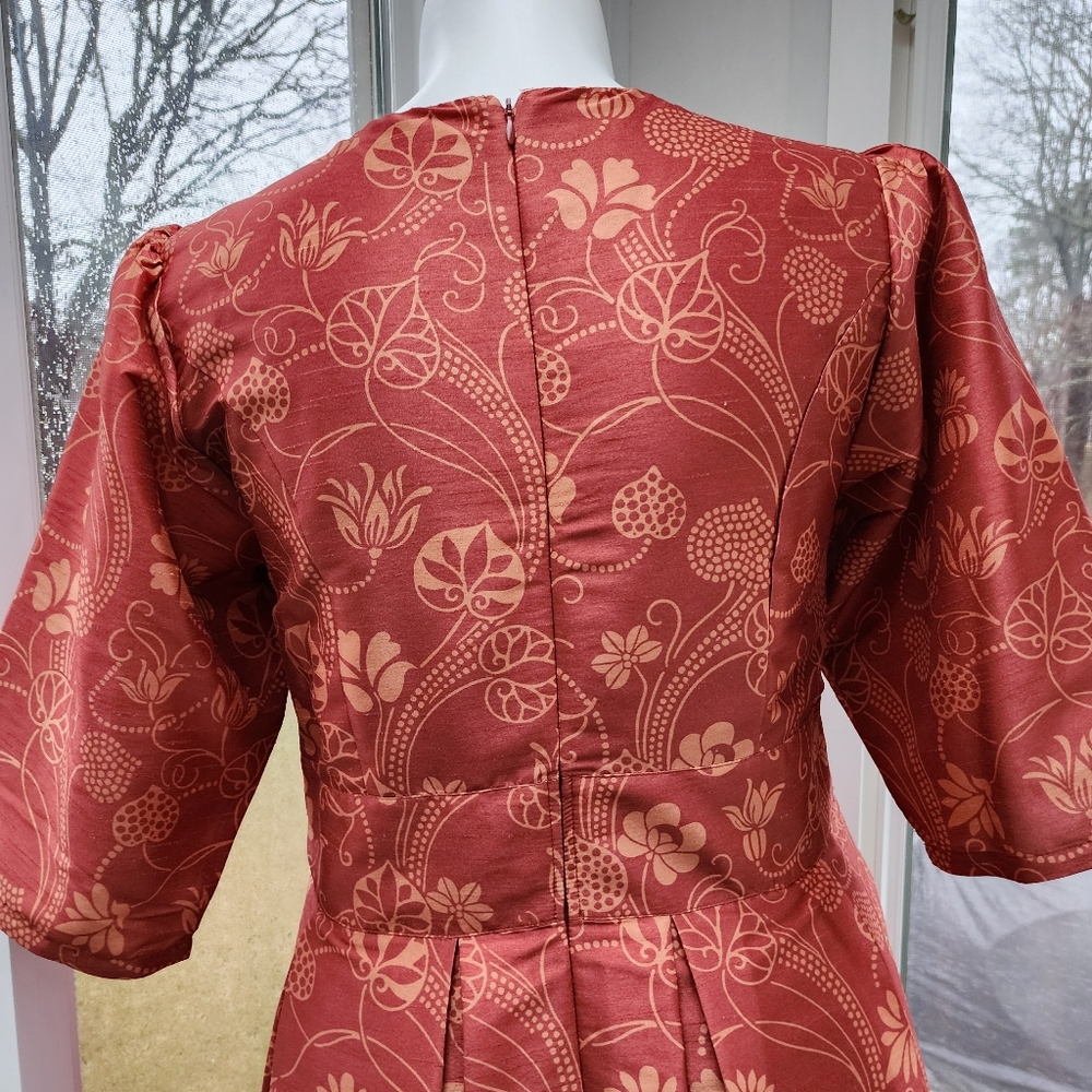Eshakti Burnt Orange Floral Print Banded High Waist Pleated Taffeta Midi Skirt - Picture 8 of 16